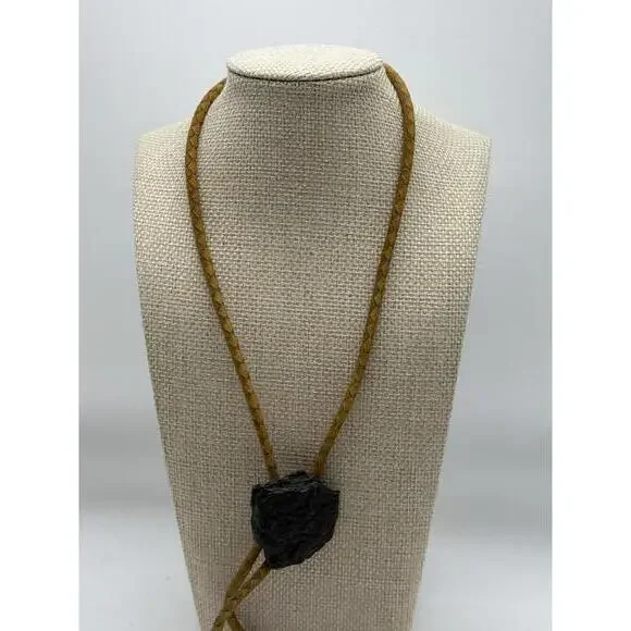 Vintage Braided Leather Bolo Tie with Black Stone Slide